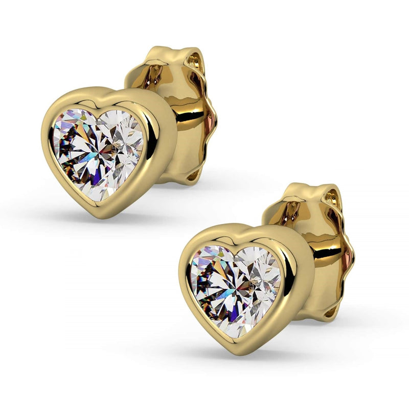14k yellow gold diamond heart stud earrings pair, product render showing brilliant-cut diamonds in heart bezels