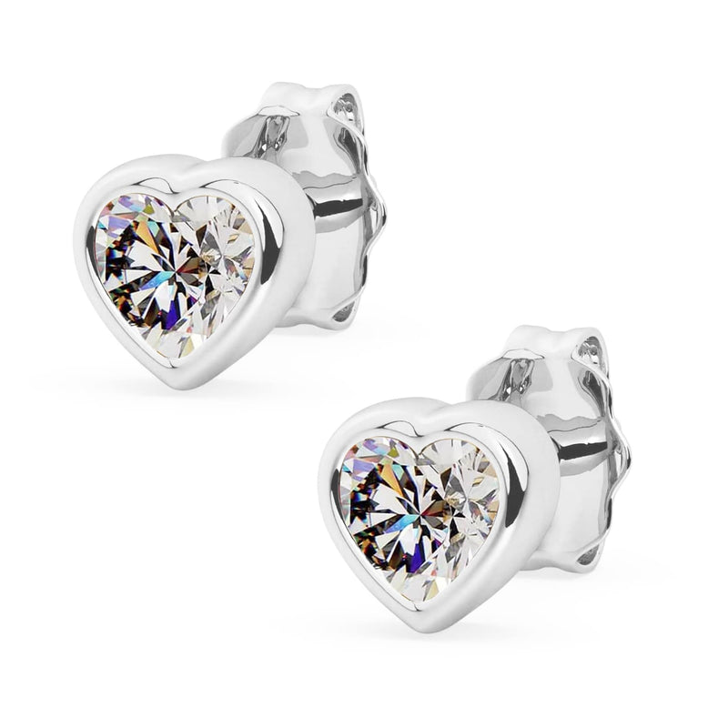 14k white gold diamond heart stud earrings pair, product render with sparkling diamonds in white gold bezels