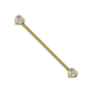 14k yellow gold industrial barbell with bezel-set heart diamond ends, front view