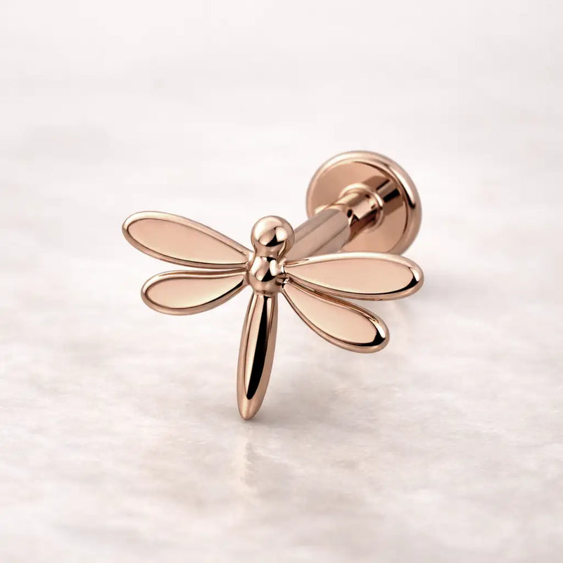 14k rose gold dragonfly flat back labret stud showing polished wings and flat disc backing