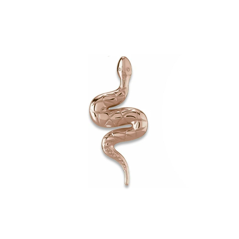 Single 14K rose gold snake earring, front view showing blush-toned coiled snake with scale detailing