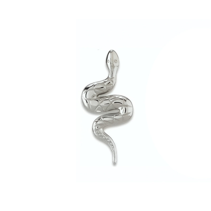 Single 14K white gold snake earring, front view showing polished coiled snake with engraved scales