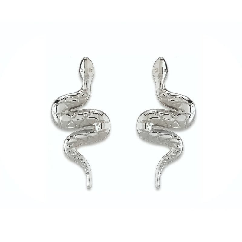 14K white gold snake earrings pair, front view with polished coiled snake and engraved scale detail