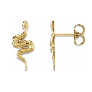 14K yellow gold snake earring front and reverse views showing post and butterfly backing