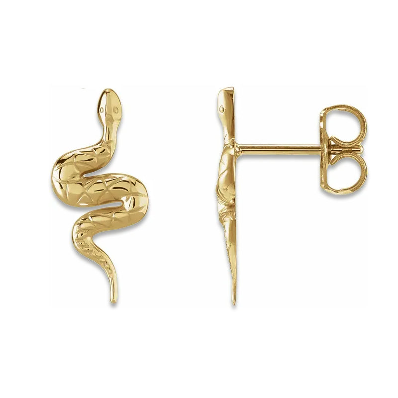 14K yellow gold snake earring front and reverse views showing post and butterfly backing