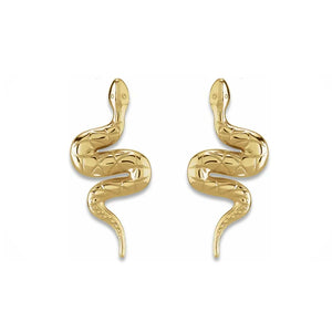 14K yellow gold snake earrings pair, front view showing coiled snake with diamond-cut scale texture