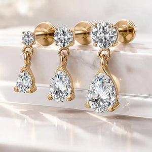 14k yellow gold diamond pear drop flat back stud shown in all three sizes: dainty, classic, and statement