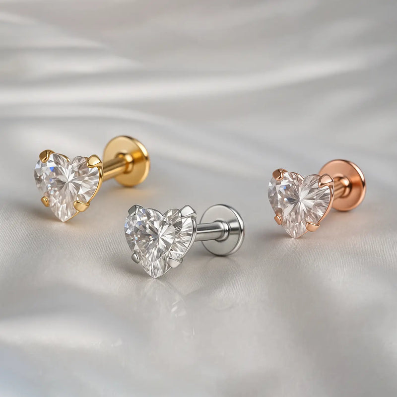 Heart CZ flat back labret in all three gold tones: yellow, white, and rose gold, side-by-side comparison