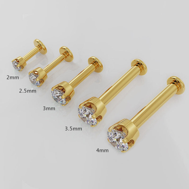 14k yellow gold CZ flat back labrets showing gem size range: 2mm, 2.5mm, 3mm, 3.5mm, and 4mm
