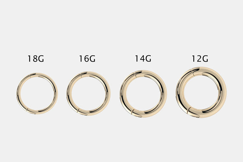 Piercing gauge size comparison chart showing 18G, 16G, 14G, and 12G ring thickness