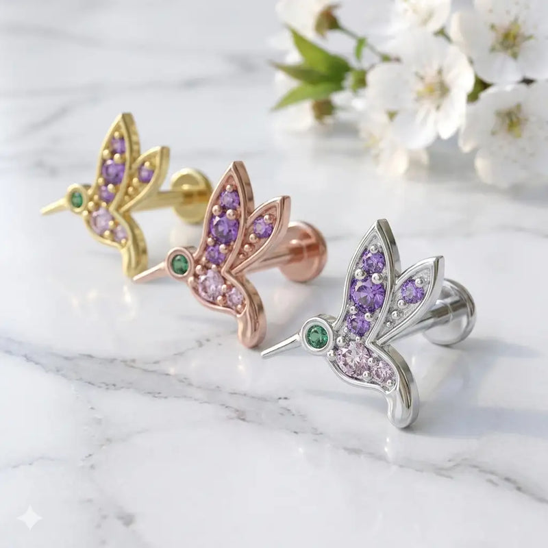 14k gold hummingbird flat back cartilage earring for the left ear