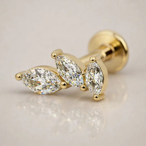 14k yellow gold marquise diamond cascade flat back stud, angled view showing trio of cascading diamonds