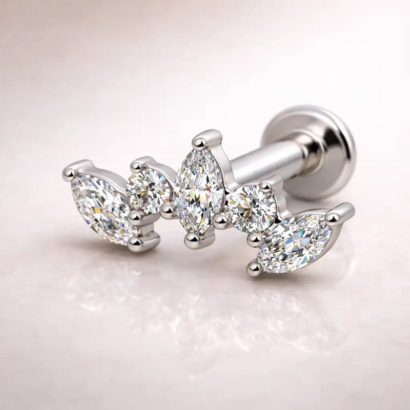 14k white gold diamond marquise climber flat back stud with three marquise and two round diamonds, angled view