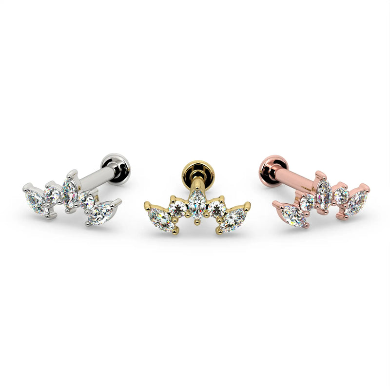 Diamond marquise climber labret stud in all three metal options: 14k white, yellow, and rose gold