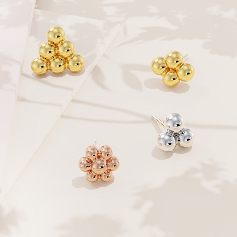14k yellow gold, rose gold, and white gold bead cluster threadless ends showing all three metal color options