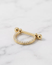 Diamond nipple jewelry - 14k yellow gold pave diamond stirrup nipple ring on white marble