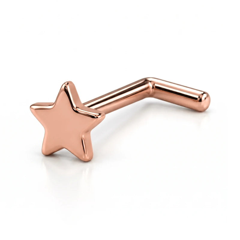 14K rose gold star nose ring, 2mm star charm, L post
