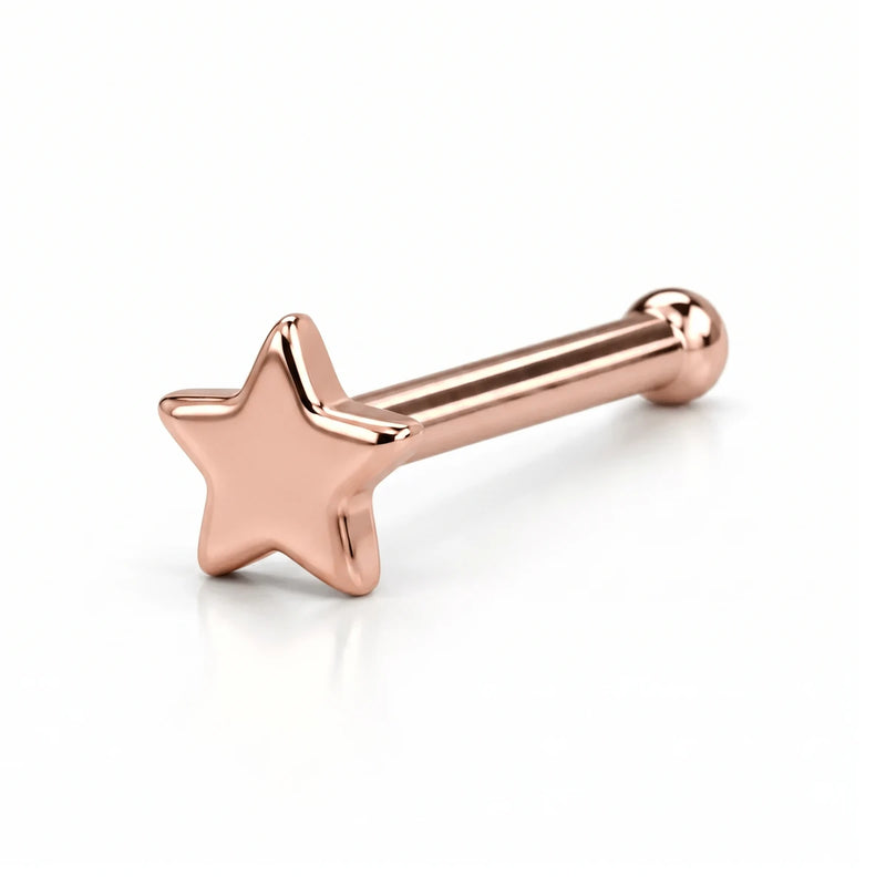 14K rose gold star nose ring, 2mm star charm, bone post