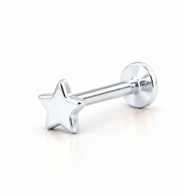 14K white gold star nose ring, 2mm star charm, flat-back post