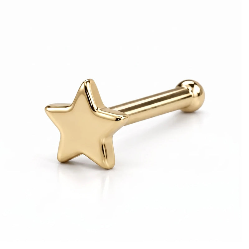 14K yellow gold star nose ring, 4mm star charm, bone post