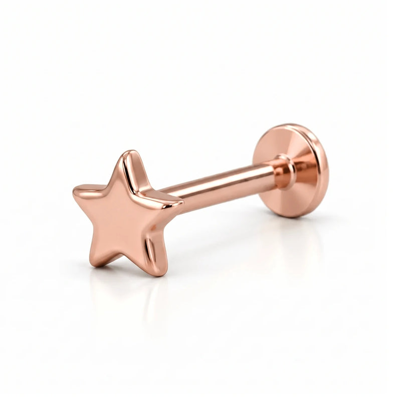 14K rose gold star nose ring, 4mm star charm, flat-back post