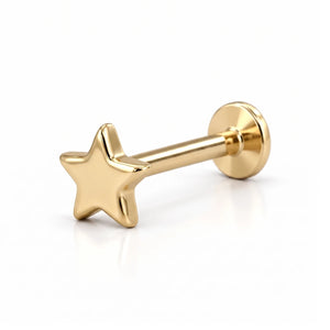 14K yellow gold star nose ring, 4mm star charm, flat-back post