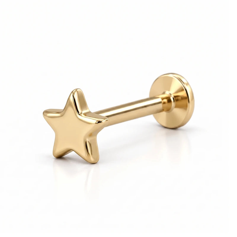 14K yellow gold star nose ring, 4mm star charm, flat-back post