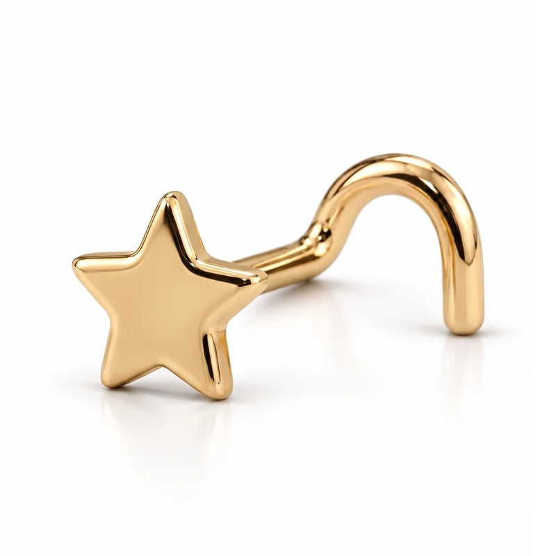 14K yellow gold star nose ring, 4mm star charm, twist post