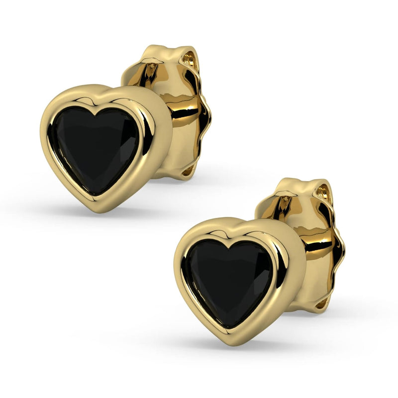14k yellow gold onyx heart stud earrings pair, product render with black stones in polished yellow gold bezels