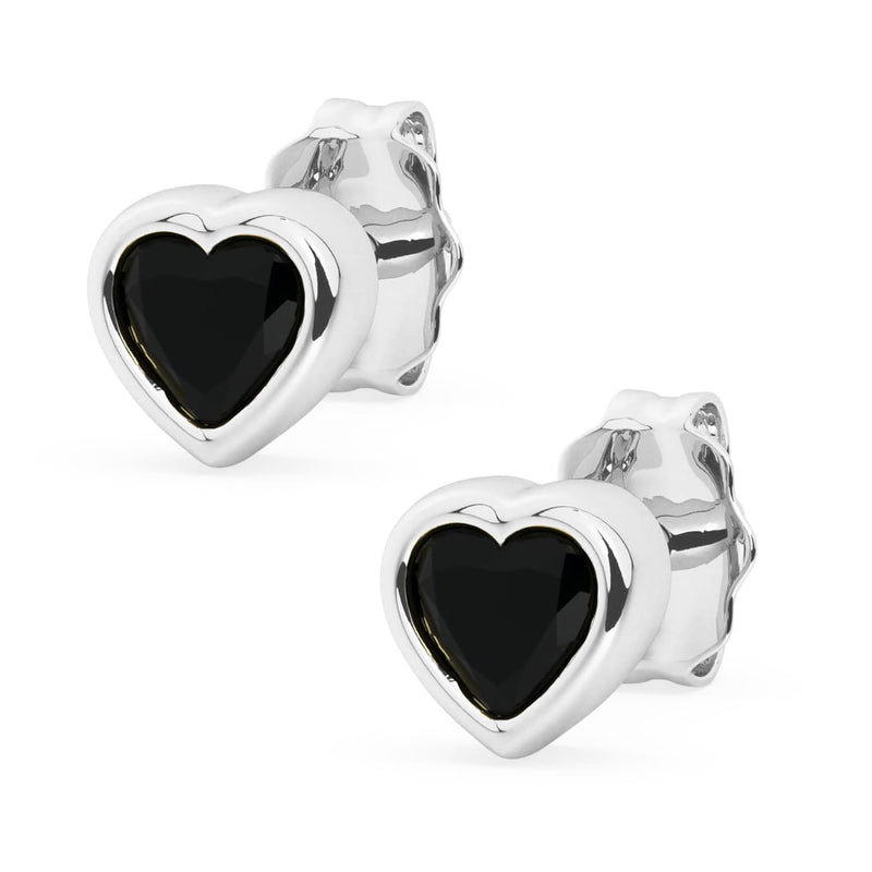 14k white gold onyx heart stud earrings pair, product render showing bold black stones in silver bezels