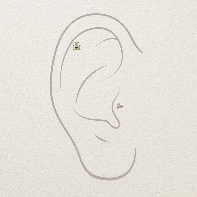 Diamond threadless stud end shown in helix and lobe piercings on illustrated ear diagram