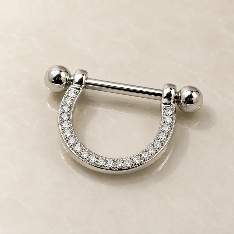 14K White Gold Diamond Pavé Stirrup Nipple Ring