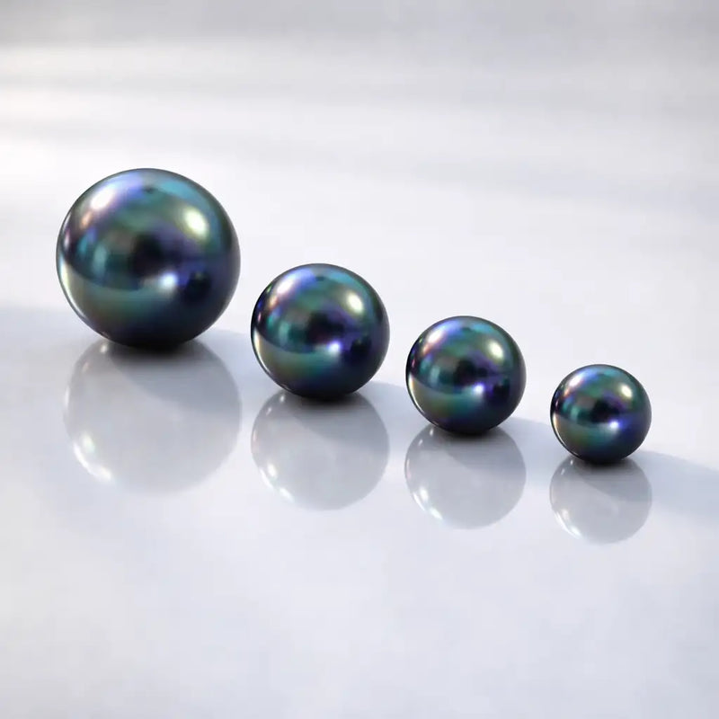 All four peacock pearl bead sizes side by side showing iridescent blue-green luster on reflective surface