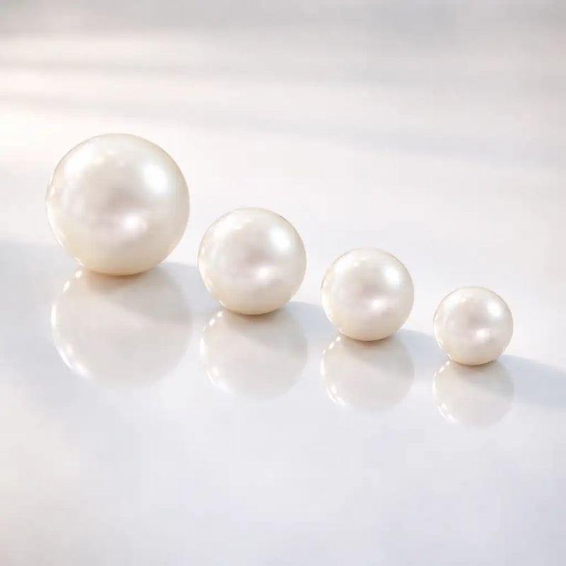 Genuine cultured pearl captive bead replacements shown in four sizes from 3mm to 6mm on reflective surface