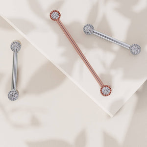 14K rose gold and white gold diamond perlage nipple barbells shown together, comparing metal color options