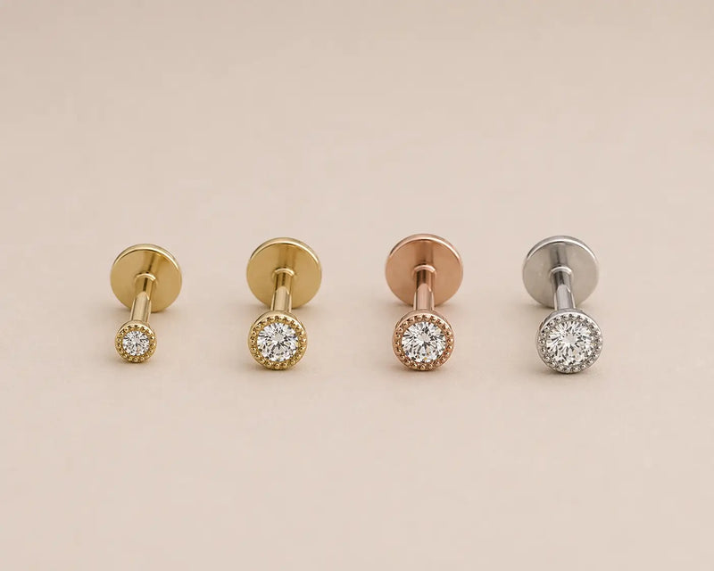 Diamond perlage stud in yellow gold, yellow gold, rose gold, and white gold labret flat back styles