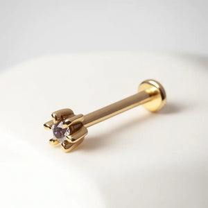 14k yellow gold diamond flower flat back labret side angle showing post and flat disc backing