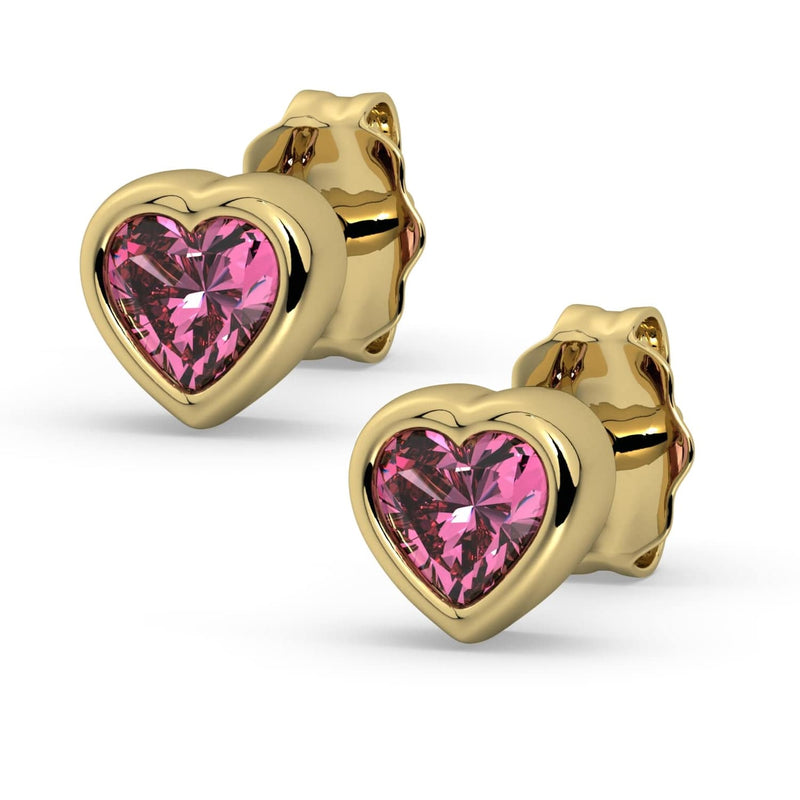 14k yellow gold pink sapphire heart stud earrings pair, product render with bright pink stones in yellow gold
