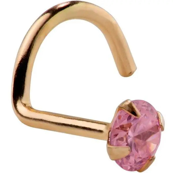 14K yellow gold pink tourmaline nose ring twist style, front-facing view of prong-set pink gemstone