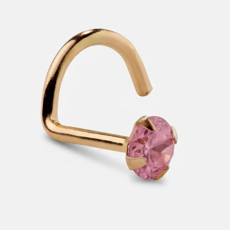 14K yellow gold pink tourmaline twist nose ring, side profile view highlighting screw curve and pink gem