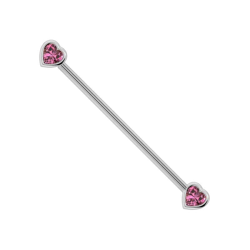 14k white gold industrial barbell with dual bezel-set pink sapphire heart ends, full length view