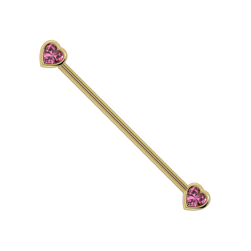 14k yellow gold industrial barbell with dual bezel-set pink sapphire heart ends, full length view