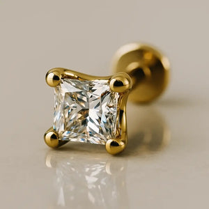 14k yellow gold 3mm princess-cut diamond flat back stud, angled view showing four-prong setting and disc backing