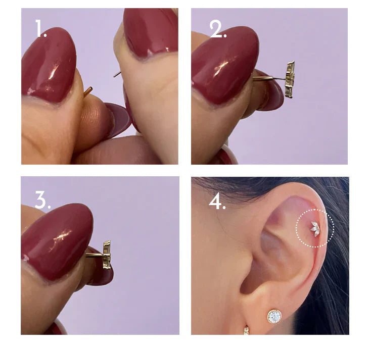 Four-step guide showing how to bend and insert a threadless push-pin end into a cartilage piercing