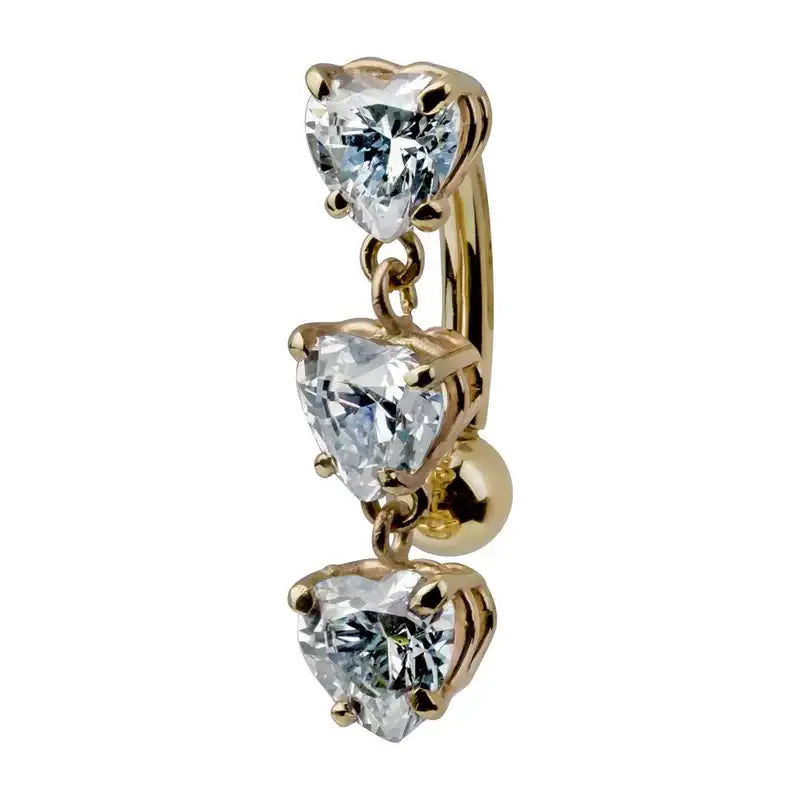 Reverse heart dangle belly button ring in solid 14k gold