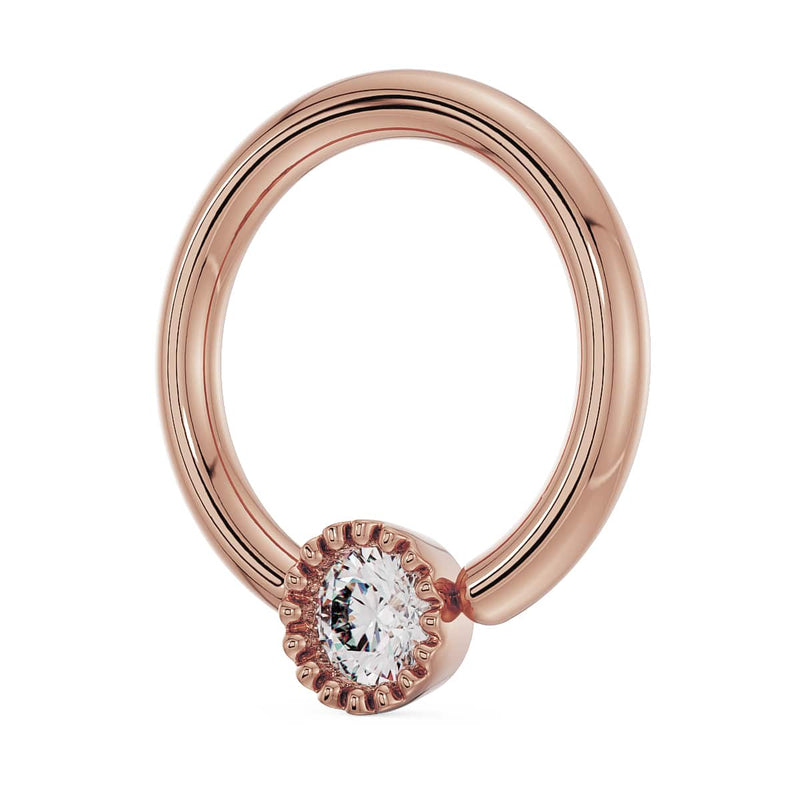 Side profile of 14k rose gold diamond perlage fixed bead ring highlighting the milgrain bead setting