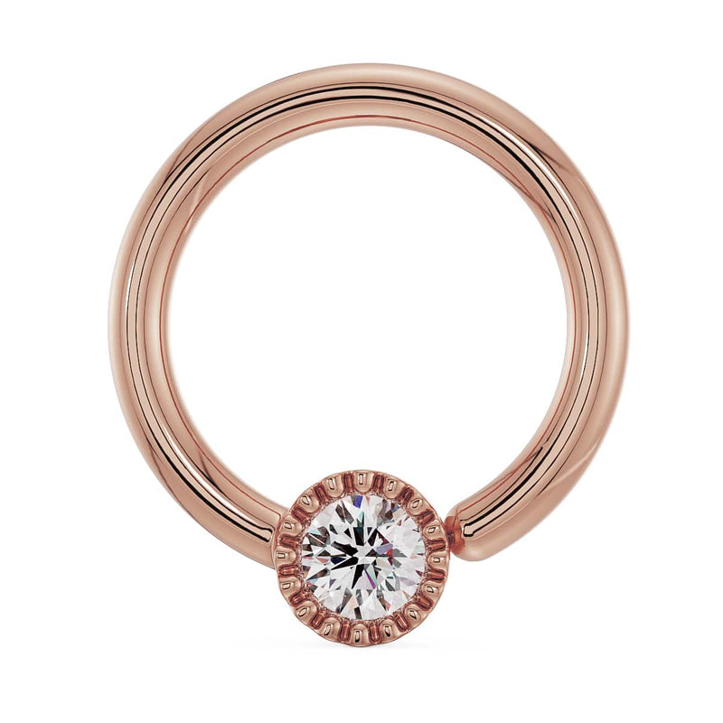 14k rose gold diamond perlage fixed bead ring with milgrain bezel setting, front view