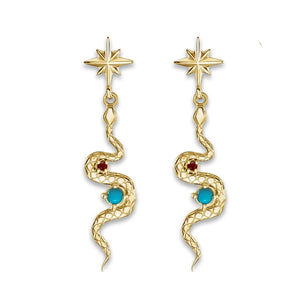 Pair of 14K yellow gold snake drop earrings with natural turquoise and ruby, star stud top, front view