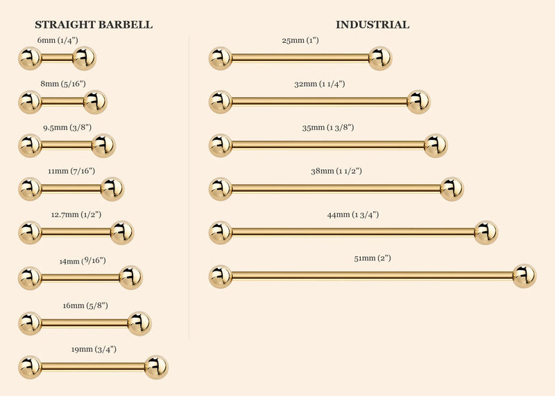 Straight barbell size chart - gauge and length reference for body jewelry