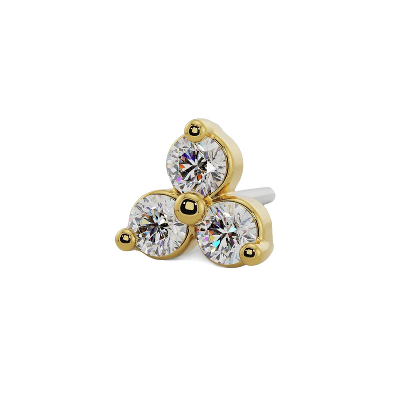 14k yellow gold trinity diamond push pin end, side-angled view showing titanium post and gold setting detail